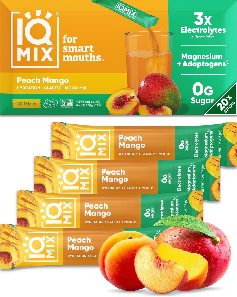 IQMIX Hydration Electrolyte Powder – 4-σε-1 Formula for Hydration, Mental Clarity, Mood and Recovery – Μείγμα ποτού χωρίς ζάχαρη, Keto, Magnesium L-Threonate, Lion’s Mane – 20 Count Peach Mango