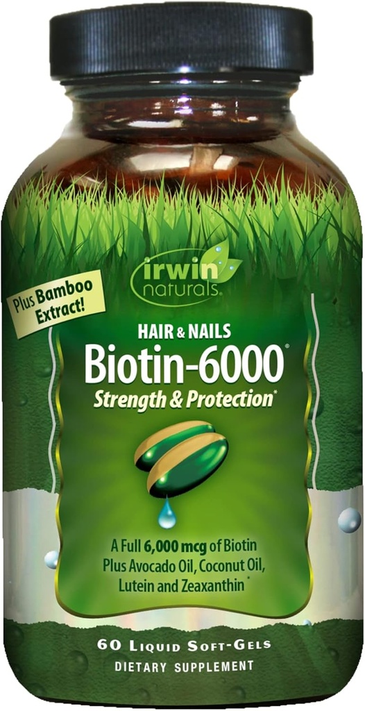 Irwin Naturals Biotin-6000 Υποστηρίζει υγιές δέρμα, μαλλιά & νύχια - 60 υγρά Softgels - Δύναμη + Προστασία με υψηλή ισχύς 6000 mcg, μπαμπού, αβοκάντο, καρύδα & Περισσότερα - Μέγιστη απορρόφηση