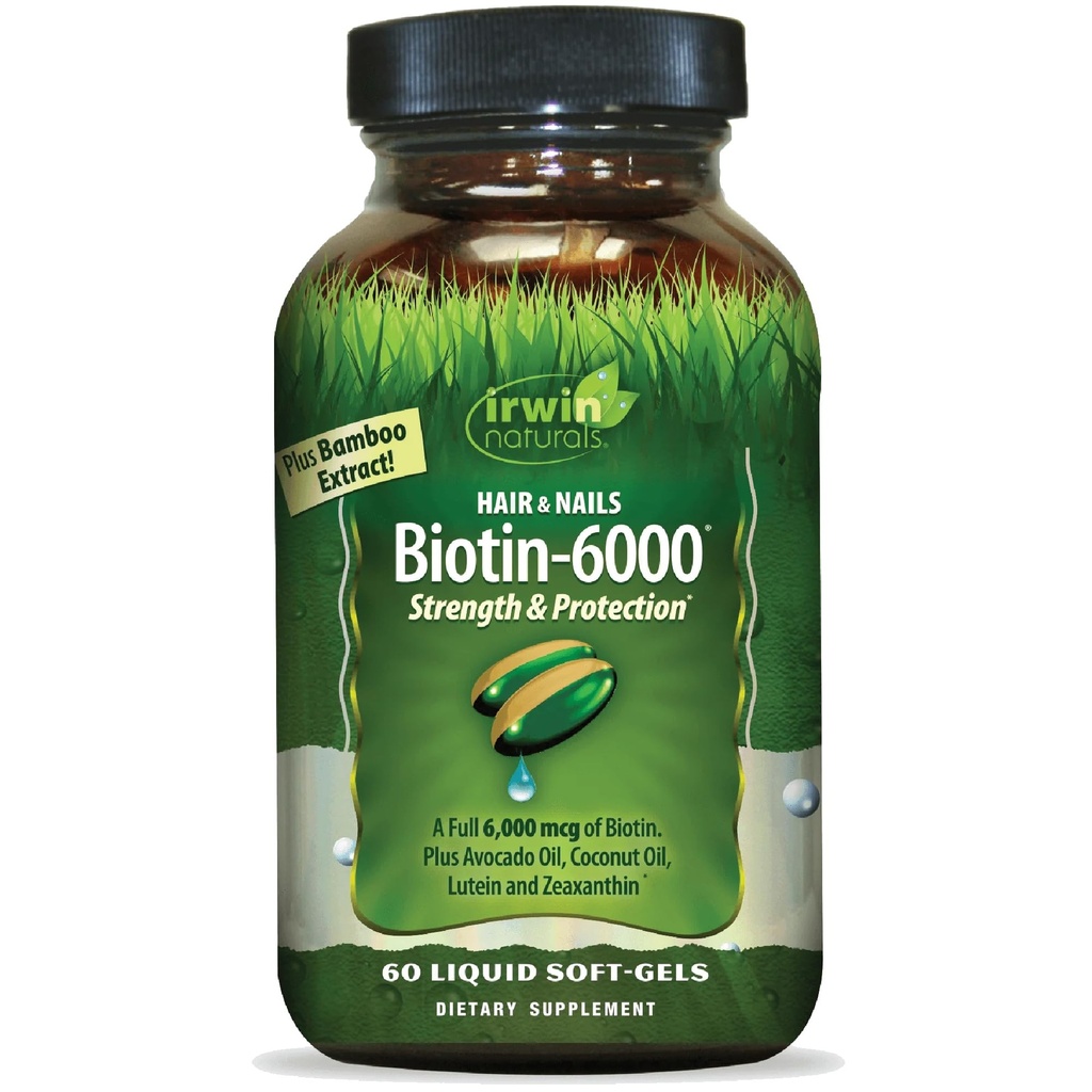Irwin Naturals Biotin-6000 Υποστηρίζει υγιές δέρμα, μαλλιά & νύχια - 60 υγρά Softgels - Δύναμη + Προστασία με υψηλή ισχύς 6000 mcg, μπαμπού, αβοκάντο, καρύδα & Περισσότερα - Μέγιστη απορρόφηση