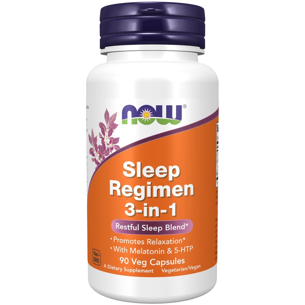 NOW Συμπληρώματα τροφίμων, Sleep Regimen 3-In-1, Με μελατονίνη, 5-HTP και L-Θεανίνη, Ξεκούραστη Μείξη Ύπνου*, 90 κάψουλες Veg