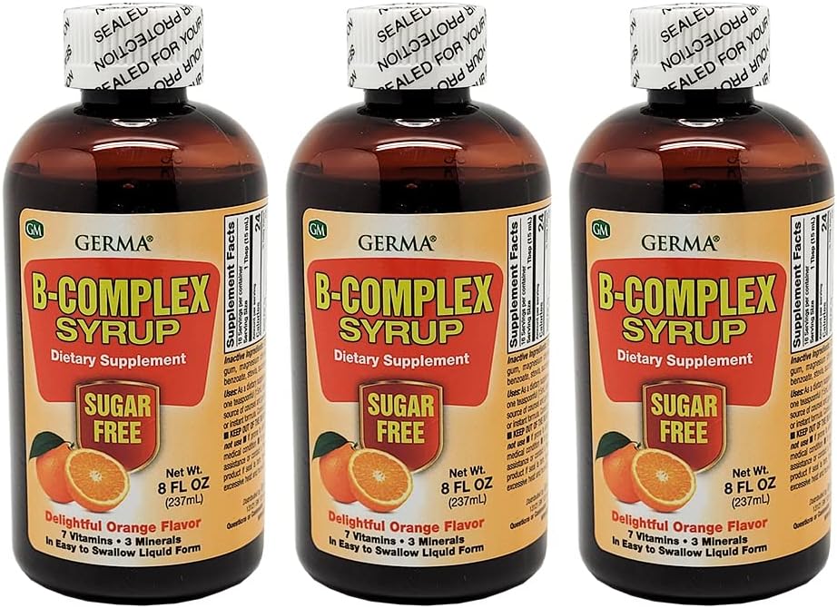 Germa B-Complex Syrup. Συμπλήρωμα διατροφής. Υγεία των οστών, ανάπτυξη και αναπτυξιακή βοήθεια. Συσκευασία των 3