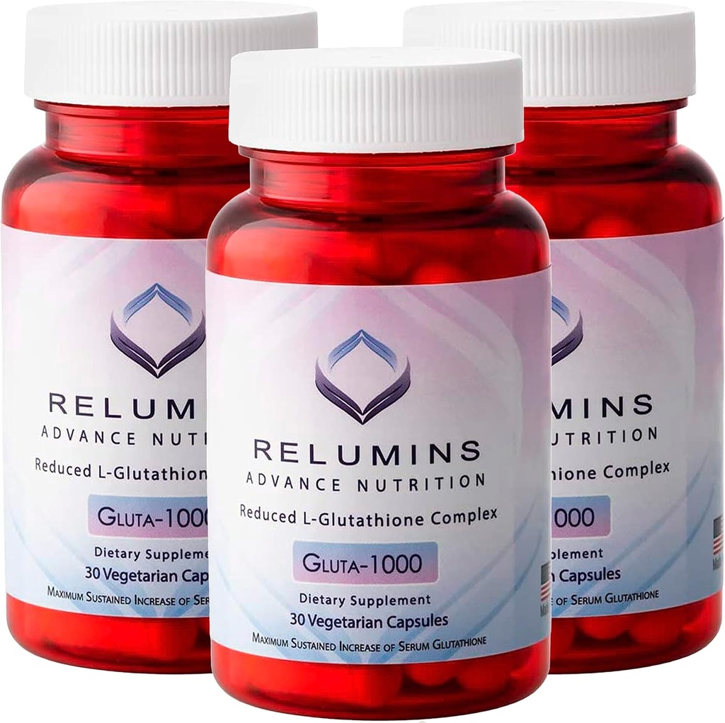Relumins Advance Nutrition Gluta 1000 - Μειωμένη L-Glutathionone, Alpha Lipoic Acid & Rose HIPS, Αντιοξειδωτική υποστήριξη για το δέρμα & συνολική ευεξία, Made in USA - 30 Κάψουλες x 3 μπουκάλια (45-Day Supply)