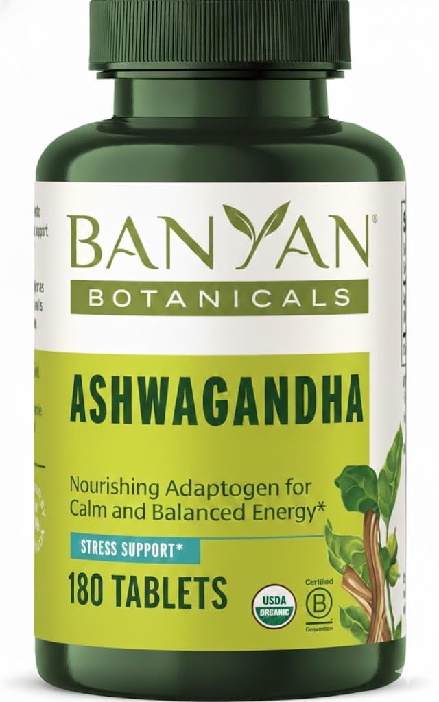 Banyan Botanicals Organic Ashwagandha - 1000mg per Serving - Cortisol Manager & Stress Relief Supplement - Adrenal Support for Mood, Restful Sleep & Muscle Recovery - 180 Tablets - Non-GMO, Vegan*