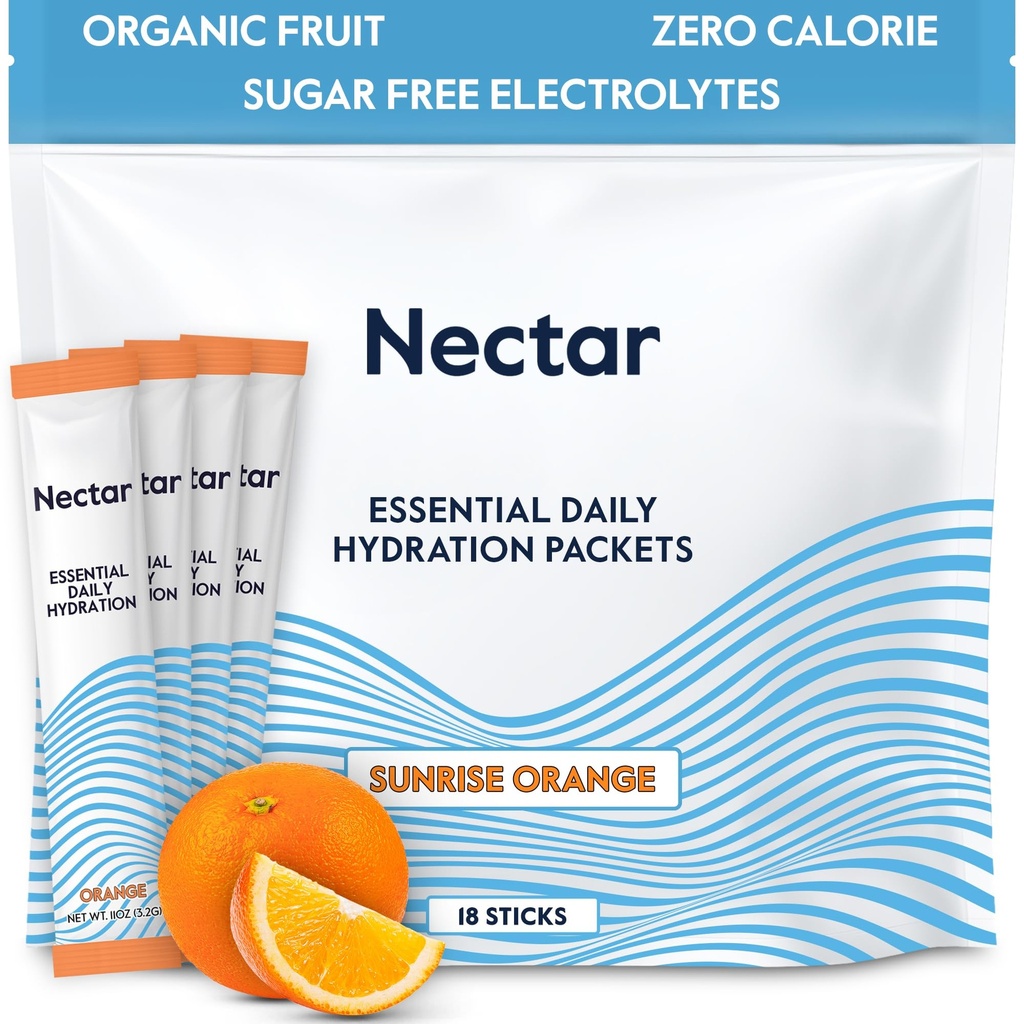 Πακέτα Ενυδάτωσης Nectar - Packets σκόνης ηλεκτρολυτών - Χωρίς Ζάχαρη ή θερμίδες - Βιολογικά Υγρά Φρούτων Καθημερινά IV Ηλεκτρολύτες Σκόνη για Αφυδάτωση Ανακούφιση και Ταχεία ενυδάτωση (Orange 18 Pack)
