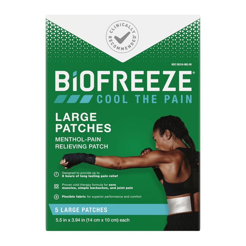 Biofreeze Μεγάλες επιθέματα ανακούφισης πόνου, επιθέματα πόνου μενθόλης για τη χαμηλότερη πλάτη, λαιμό, γόνατο, & ώμο, άνετο και ευέλικτο ύφασμα μένει στη θέση του, FSA Επιλέξιμες, 5 ct