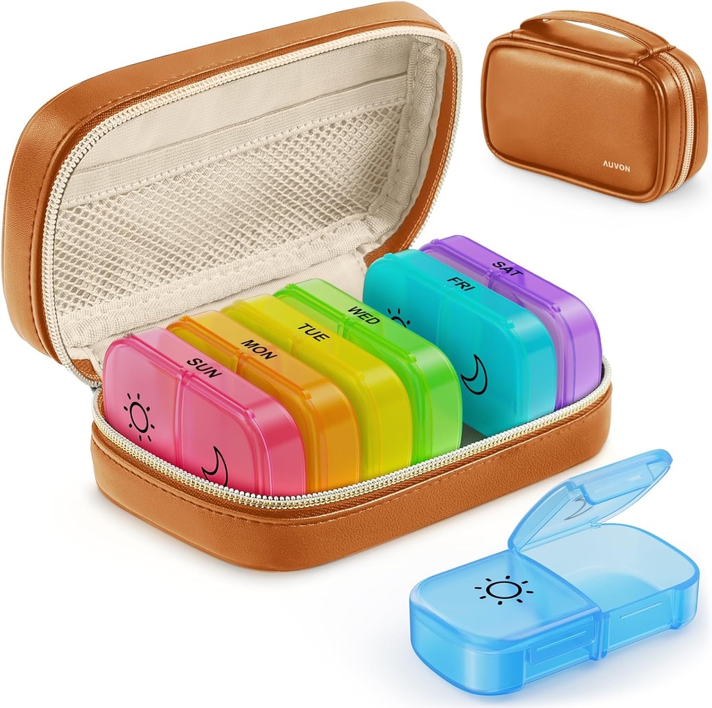 AUVON Weekly Pill Organizer 2 φορές την ημέρα με PU δερμάτινη τσάντα, Travel AM PM Pill Box 7 ημέρα με μία πλευρά μεγάλο Opening Design για εύκολη συμπλήρωση, Φορητή θήκη χάπι για βιταμίνες, φαρμακευτική αγωγή, συμπληρώματα