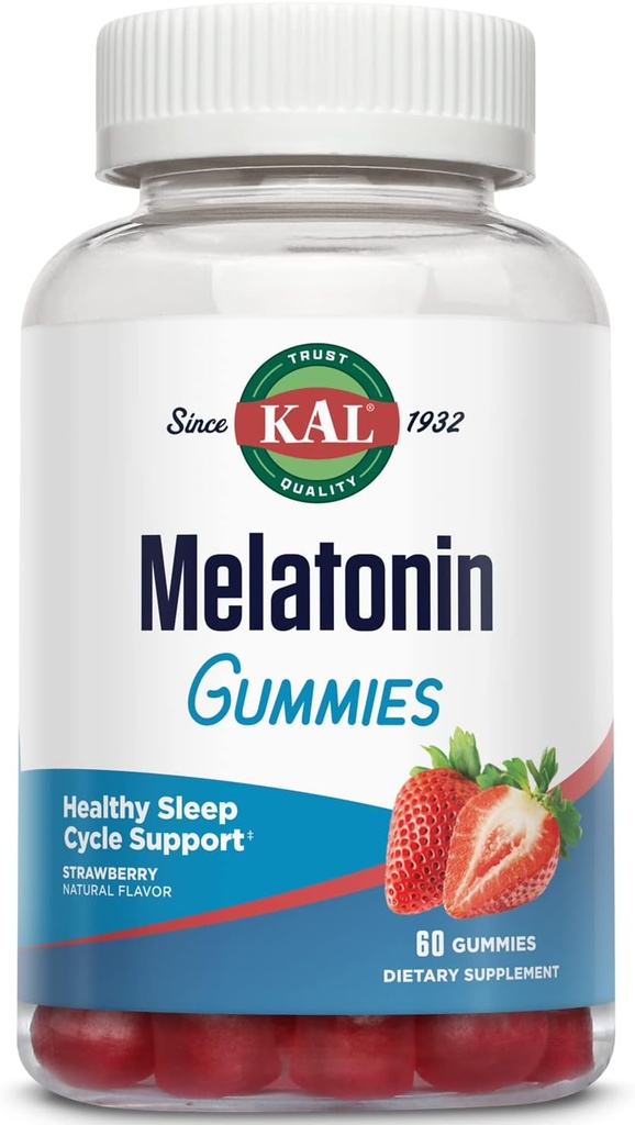 KAL Μελατονίνη Gummies, Μελατονίνη 5mg Sleep Aid, Υγιεινή χαλάρωση, Διάρκεια ύπνου, Ποιότητα, και υποστήριξη ηρεμίας Φόρμουλα, χορτοφάγους, Χωρίς γλουτένη, Φυσικό άρωμα φράουλας, 30 εξυπηρετούν, 60 Gummies
