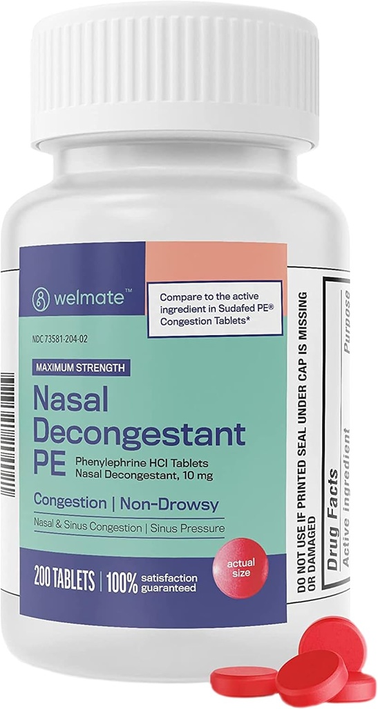 WELMATE - Nasal Decongestant PE - Phenylephrine HCl 10 mg - Maximum Strength - Sinus Relief - for Cold & Allergies - Non-Drowsy - Antihistamine - Pain Relief - Decongestants for Adults - 200 Tablets