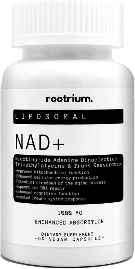 Rootrium Liposomal NAD+ 1000mg με ρεσβερατρόλη & TMG - Τρεις σε μία ενισχυμένη ενέργεια, επισκευή DNA & αντι-γήρανση Formula - Boost λειτουργία του εγκεφάλου & κυτταρίτιδα υγεία, 60 κάψουλες χορτοφάγων