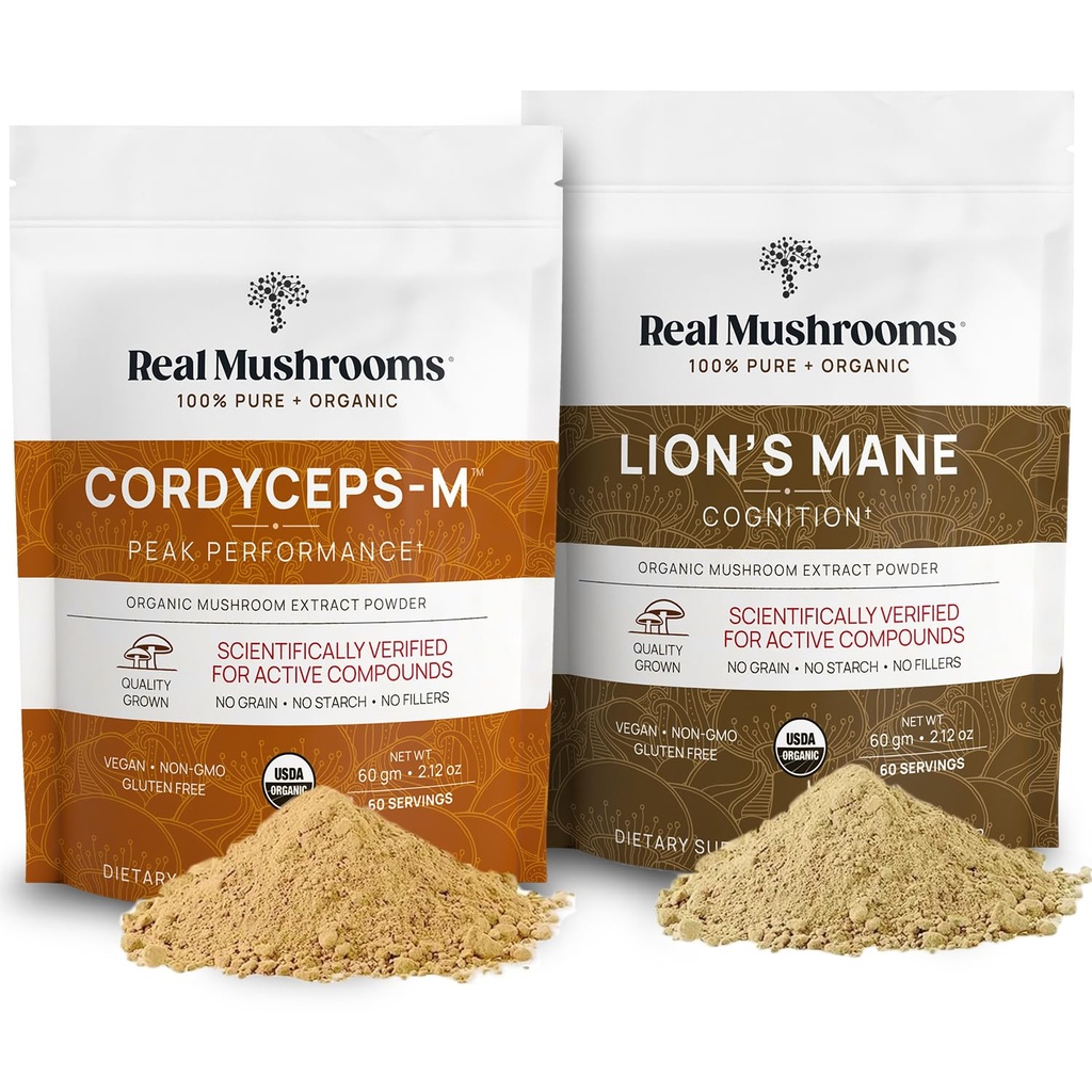 Lions Mane (60g) και Cordyceps (60g) Mushroom Extract Powder Bundle - Mushroom Supplement for Cognition, Energy and Endurance