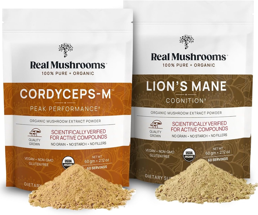 Lions Mane (60g) και Cordyceps (60g) Mushroom Extract Powder Bundle - Mushroom Supplement for Cognition, Energy and Endurance