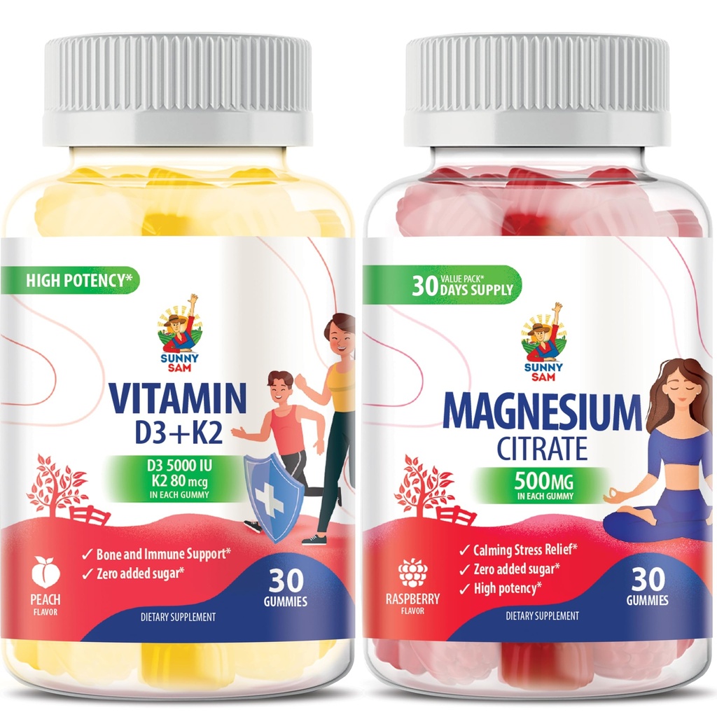 Μαγνήσιο Gummies για παιδιά & ενήλικες - 500mg και βιταμίνη D3 K2 Gummies 5000 IU. Μάσημα μαγνησίου - Μαγνήσιο Κιτρικό Μασώμενο συμπλήρωμα για την υποστήριξη Mood & μυών