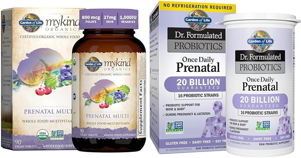 Garden of Life Women’s Prenatal Multivitamin with Vitamin D3, B6, B12, C & Iron & - Dr. Formulated Probiotics Once Daily Prenatal