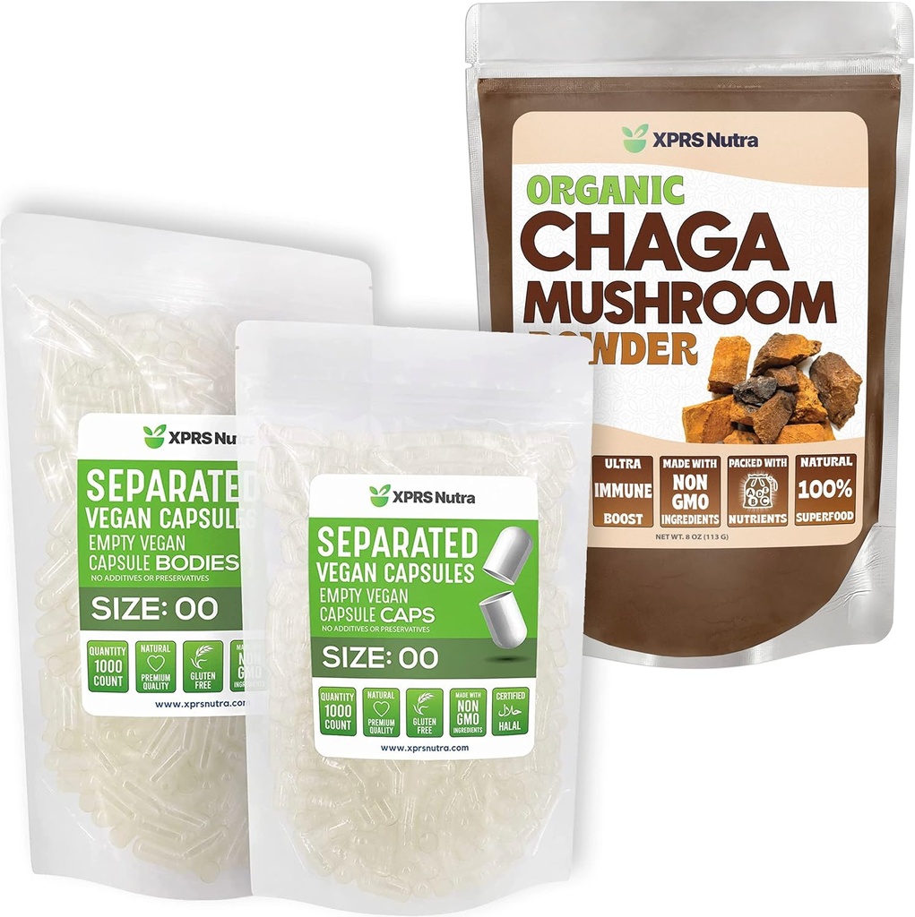 XPRS Nutra Χωριστό μέγεθος 00 κάψουλες (1000 Count) με σκόνη Chaga (8 ουγγιά) Bundle