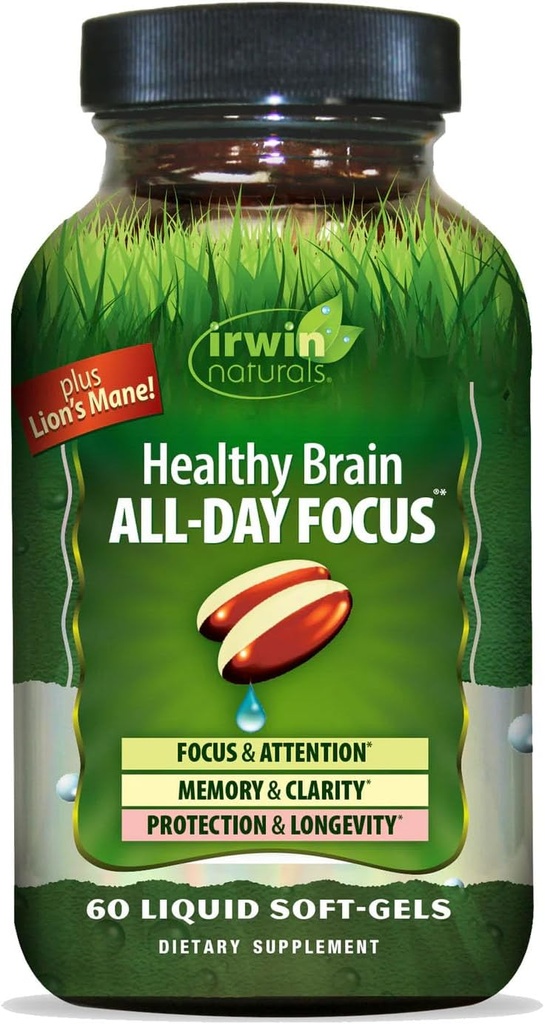 Irwin Naturals Healthy Brain All-Day Focus - 60 Liquid Soft-Gels - Ενισχύει την ψυχική απόδοση & προάγει την υγεία του εγκεφάλου μακράς διάρκειας - 30 Υπηρεσίες