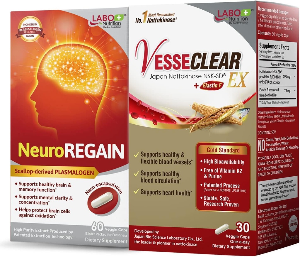 LABO Nutrition Vesseclear EX + NeuroREGAIN: Nattokinase NSK-SD, ελαστίνη F για καθαρό και ευέλικτο αιμοφόρο σκάφος, καρδιοαγγειακή υποστήριξη & υποστήριξη κυκλοφορίας, PLASMALOGEN που προέρχεται από σκάλλοπα για εγκεφαλική φθορά