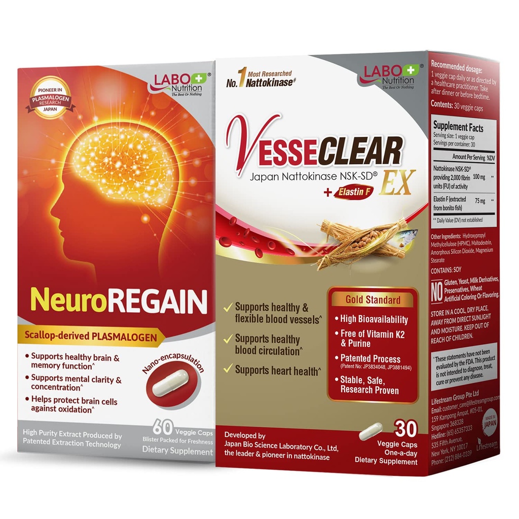 LABO Nutrition Vesseclear EX + NeuroREGAIN: Nattokinase NSK-SD, ελαστίνη F για καθαρό και ευέλικτο αιμοφόρο σκάφος, καρδιοαγγειακή υποστήριξη & υποστήριξη κυκλοφορίας, PLASMALOGEN που προέρχεται από σκάλλοπα για εγκεφαλική φθορά