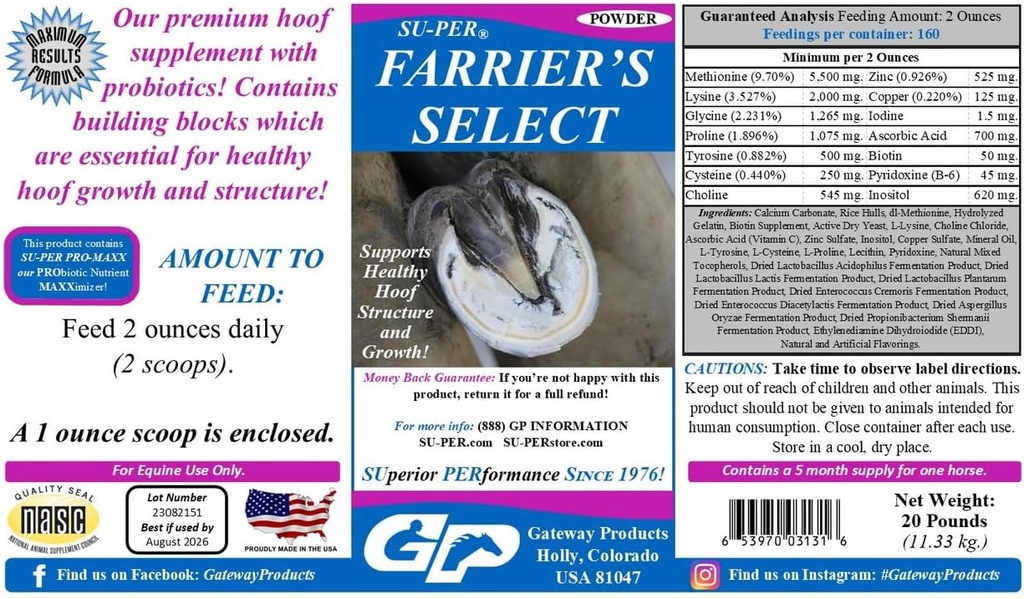 SU-PER Farrier's Select Hoof Supplement - Horse Premium Hoof Care Supplement with Probiotics - Healthy Hoof Growth - 20 Λίρες, 5 Μήνες Προσφορά