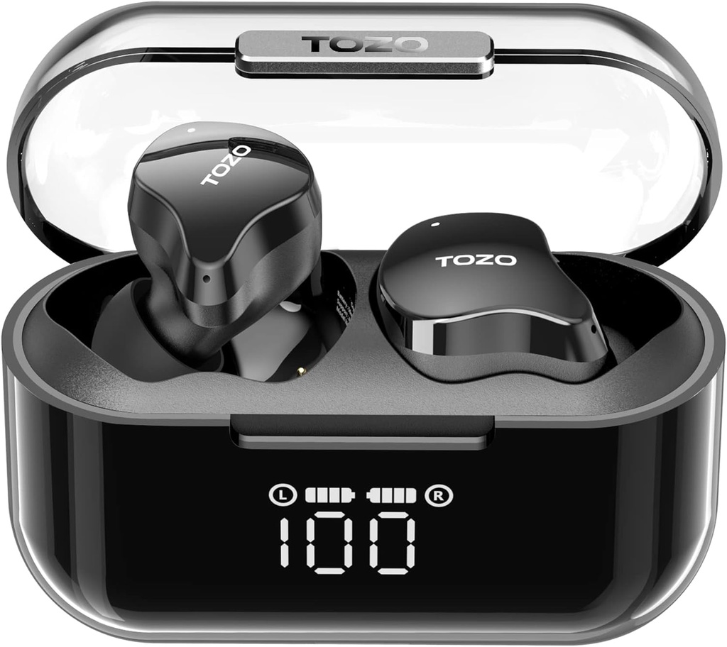 ToZO T18 Ασύρματα ακουστικά ακουστικών Bluetooth 5.3, IPX8 Αδιάβροχα ακουστικά, 4 Mic Clear Call Long Playtime με LED Digital Display Charging Case, Stereo Bass Sound 32 Προσαρμοσμένο EQ μέσω APP