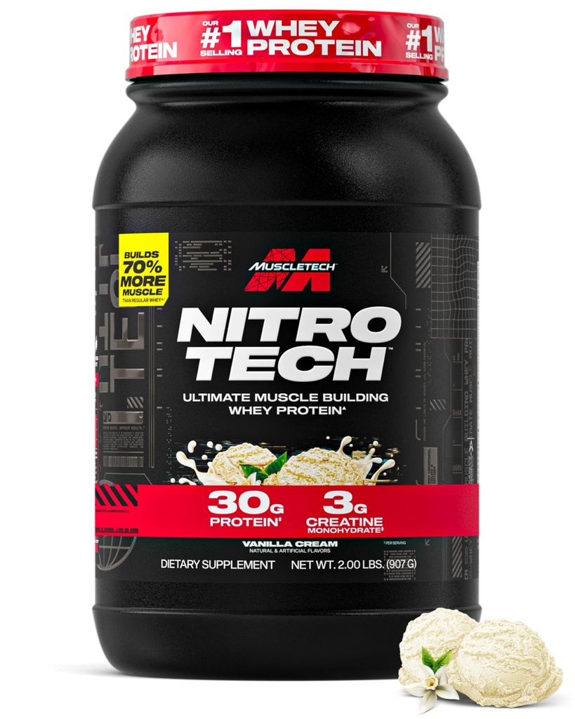 Muscletech Whey Protein Powder (Vanilla Cream, 2,2 Λίρες) - Nitro-Tech Ultimate Muscle Building Formula με Whey Protein Isolate - 30g πρωτεΐνης, 3g Creatine & 6,8g BCAA - Συσκευασία Μαΐου Vary