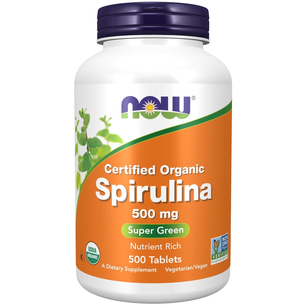 NOW Συμπληρώματα Τροφίμων, Βιολογική Spirulina 500 mg με Βιταμίνες, Ορυκτά και GLA (Gamma- Linolenic Acid), 500 δισκία