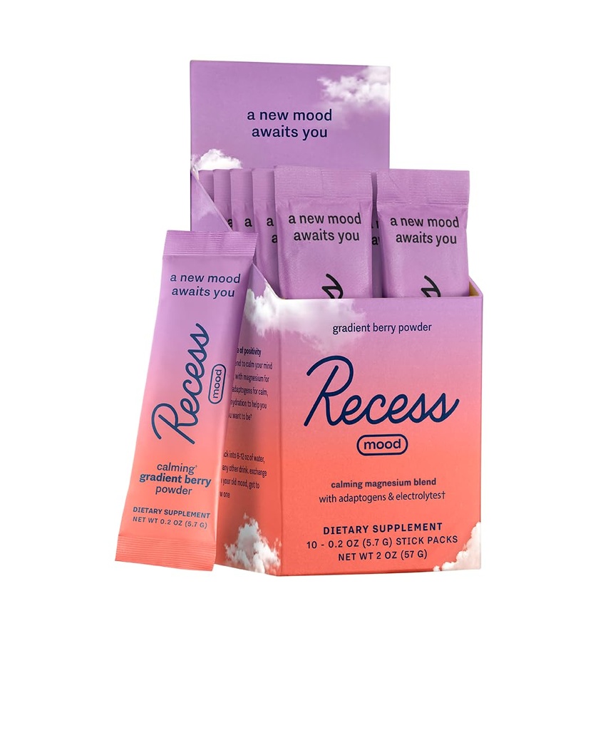 Recess Mood powder, Calming Magnesium L-Θρεονικό μείγμα με το πάθος λουλούδι, L-Θεανίνη, ηλεκτρολύτες, Μαγνήσιο συμπλήρωμα υποστήριξης ηρεμία - Graident Berry Pack of 10