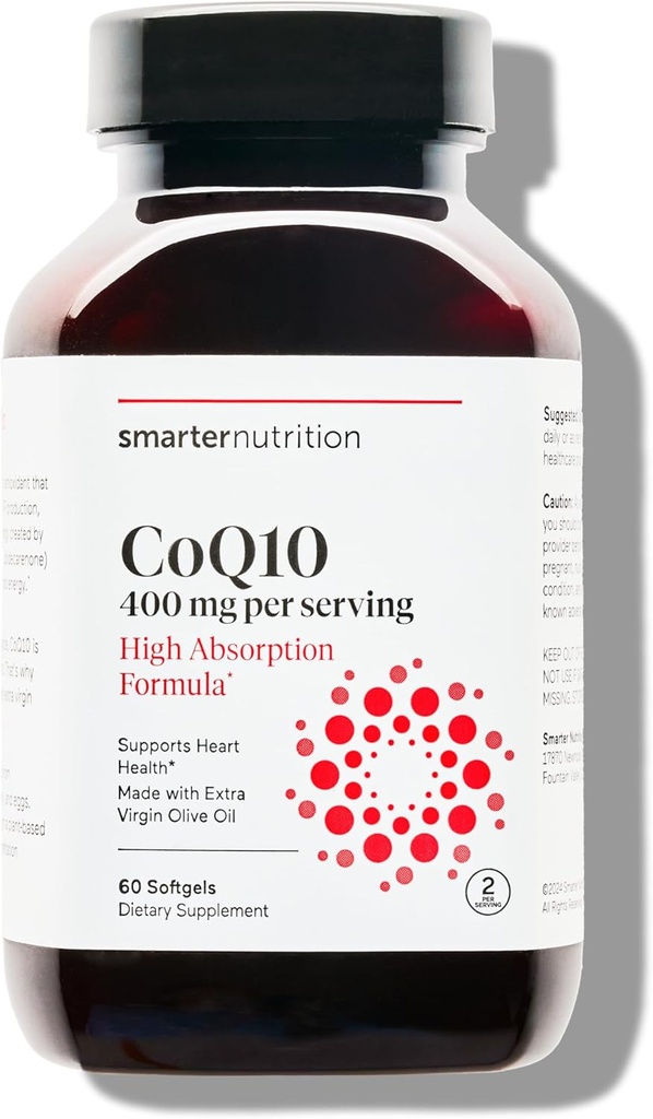 SMARTERNUTRITION CoQ10 400 mg Υψηλή Απορρόφηση - Φυσικά ζυμωμένη Ubiquinone w/Organic Ψυχρής Πίεσης Ελαιόλαδο - για την Υγεία της Καρδιάς, Κυτταρική Ενέργεια - Μη ΓΤΟ, Χωρίς Γλουτένη - 60 Count[30-Day Supply]