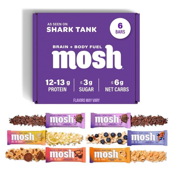 MOSH Ποικιλία πακέτο Keto Πρωτεΐνη Bars, Υψηλή Ίνες, Χαμηλή Καρβίδα, Χωρίς Γλουτένη, Υψηλή Πρωτεΐνη, Εγκεφαλικό Υγιεινό Σνακ με Ashwagandha, Lion's Mane, 6 Count