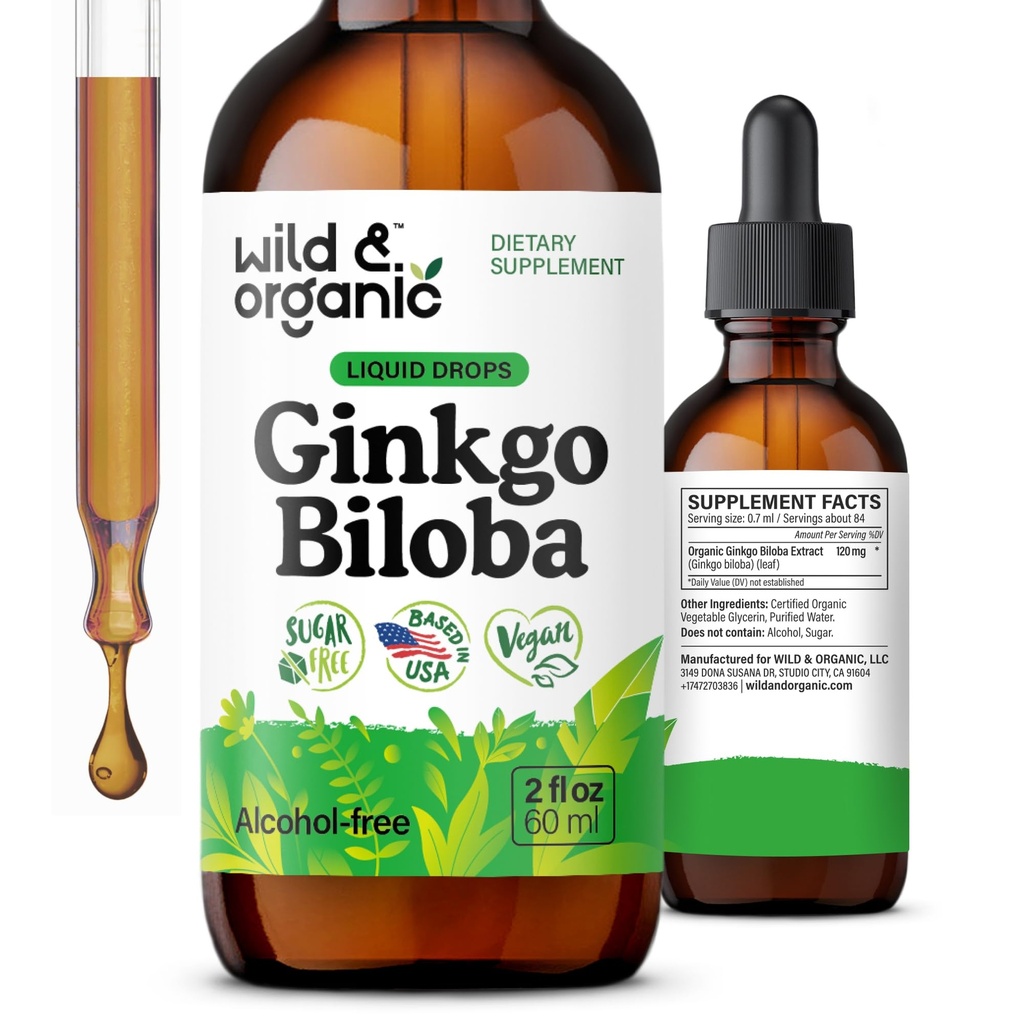 Wild & Organic Ginkgo Biloba Βάμμα - Εγκέφαλος & Focus Υποστήριξη με Ginkgo Leaf Συμπλήρωμα - Vegan, Ζάχαρη & Αλκοόλ-Δωρεάν εκχύλισμα Βάμμα - 2 fl oz