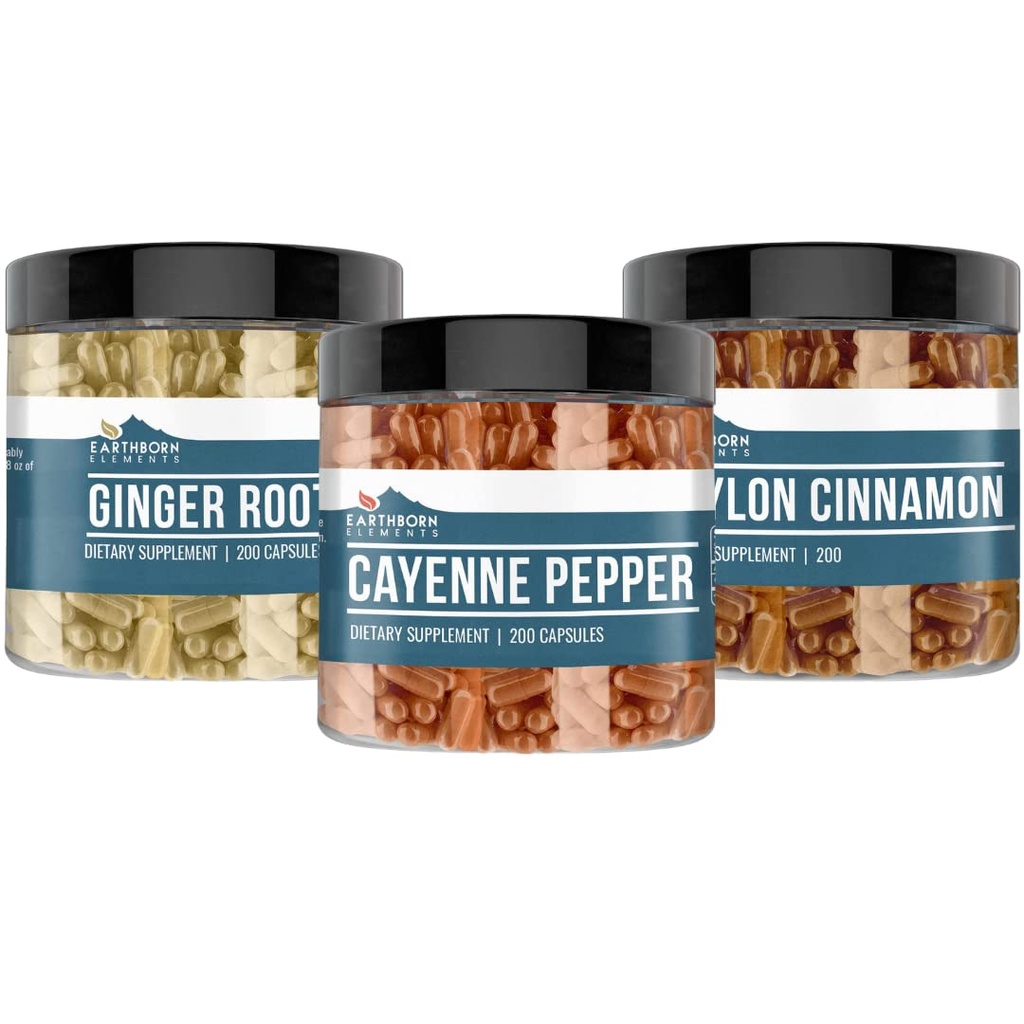 Earthborn Elements Cayenne Pepper, Ceylon Cinnamon & Ginger Root Bundle (200 κάψουλες το καθένα), Pure & Undiluted, No Πρόσθετα
