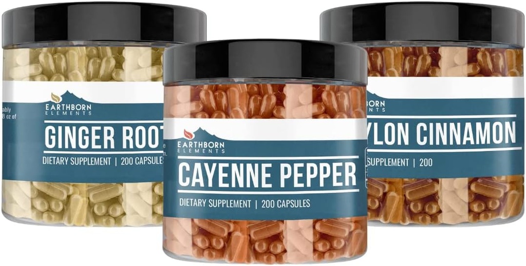 Earthborn Elements Cayenne Pepper, Ceylon Cinnamon & Ginger Root Bundle (200 Capsules Each), Pure & Undiluted, No Additives