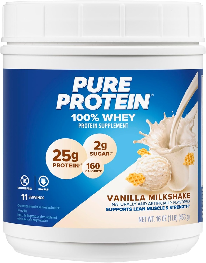 Pure Protein Powder, Whey, High Protein, Low Sugar, Gluten Free, Vanilla Cream, 1 lb