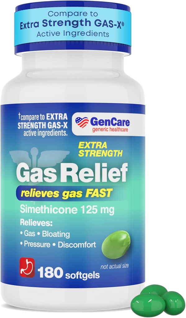 GenCare -Extra Strength Gas Relief Simethicone 125mg (180 Softgels) Χάπια μέγιστης αντοχής κατά του αερίου για Bloating Relief, Pressure & Discomfort - Σύγκριση με το Generic Extra Strength Gas X