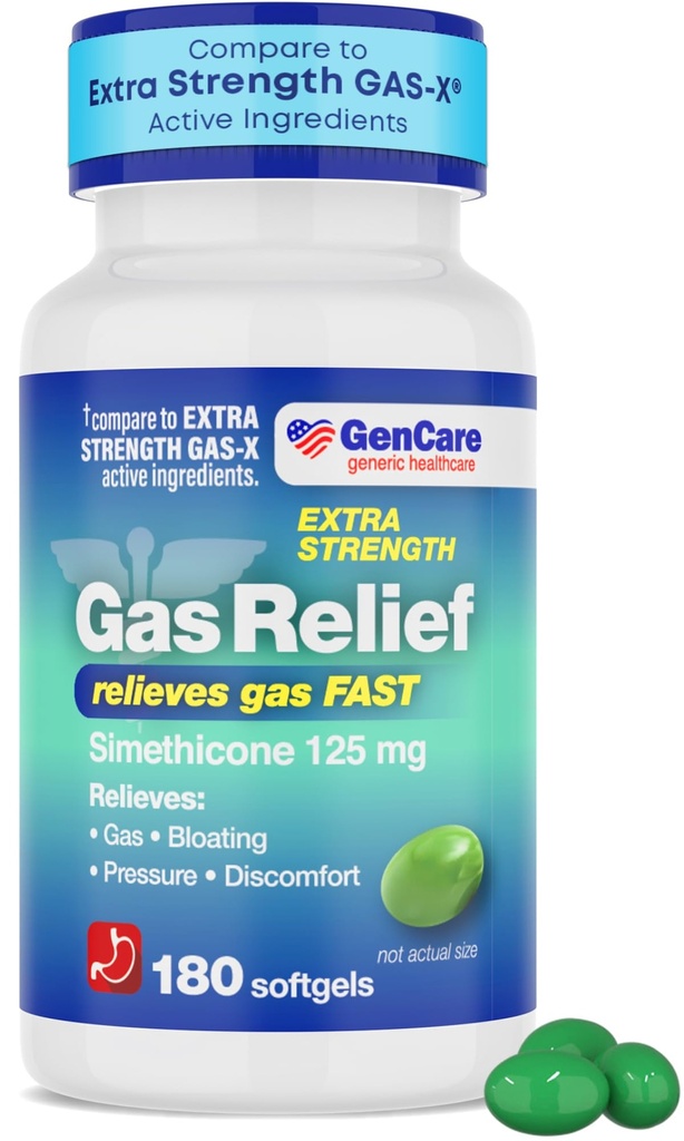 GenCare -Extra Strength Gas Relief Simethicone 125mg (180 Softgels) Χάπια μέγιστης αντοχής κατά του αερίου για Bloating Relief, Pressure & Discomfort - Σύγκριση με το Generic Extra Strength Gas X