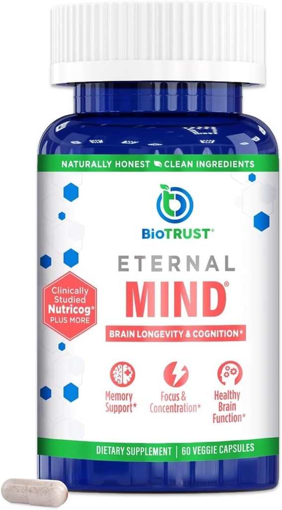 BioTrust Eternal Mind Brain Συμπληρώματα για Μνήμη & Εστίαση - Sharpen Mental Agility, Rechall & Concentration with Age - Clinically Studied Supplement for Longevity & Cognition - 30 Services