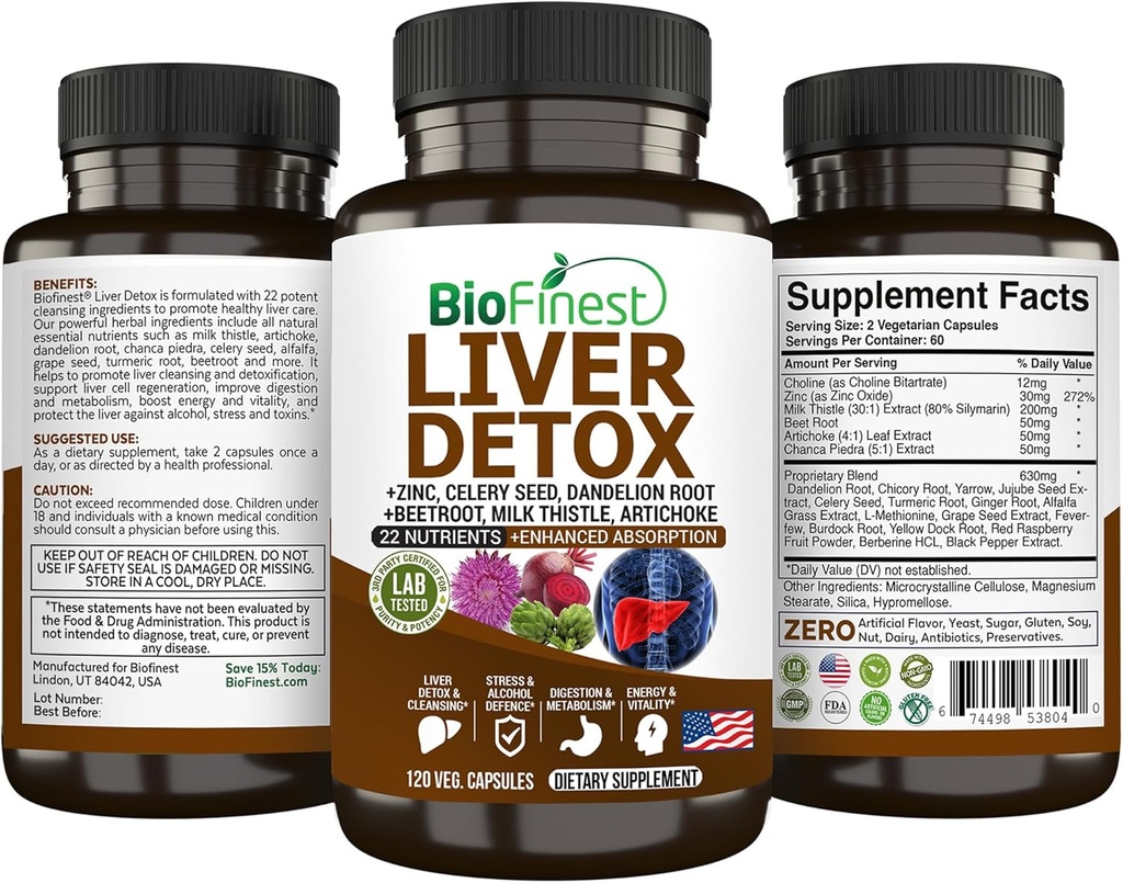 BioFinest Liver Detox Supplement - 22 Nutrients Milk Thistle Artichoke Celery Seed Chanca Piedra Beet Root Dandelion Turmeric Ginger - Αλκοόλ Καθαρισμός Ενέργειας Digestion Μεταβολισμός (120 Veg. Κάψουλες)