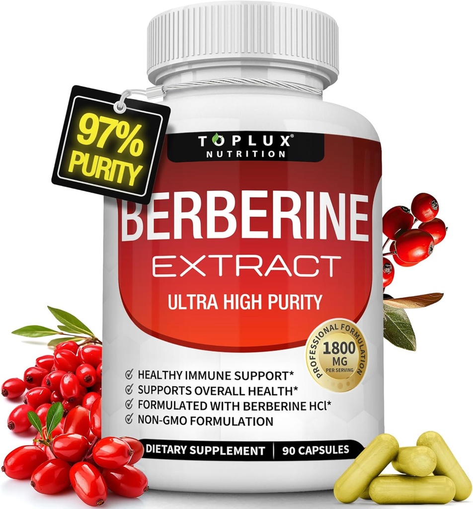 Συμπλήρωμα βερβερίνης 1800mg - Berberine HCL 97% Tested Ultra High Purity Premium Berberine Extract to Support Συνολική Υγεία, Υψηλή Ικανότητα Βερβερίνη Plus Μη ΓΤΟ Vegan Άνδρες γυναίκες, 90 κάψουλες