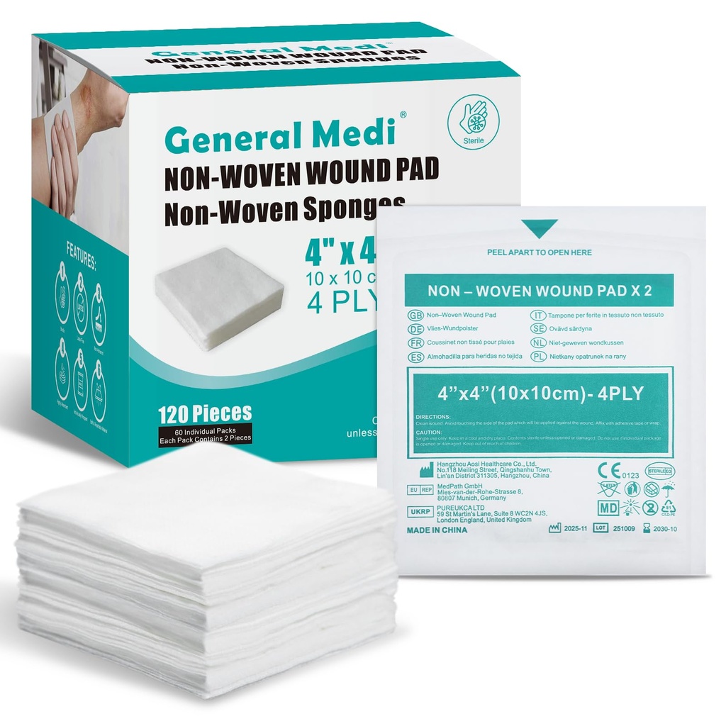 General Medi Sterile Gauze Sponges, 4" x 4" Μη-Woven Pound Pads - Ατομικά τυλιγμένα Πολύ Απορροφητικά Σφουγγάρια Pads για Υπομασιακές Μικρές Πληγές, Κόψεις & Καψίματα Φροντίδα Τραυμάτων (60 Πακέτα, 120 Κομμάτια Σύνολο)