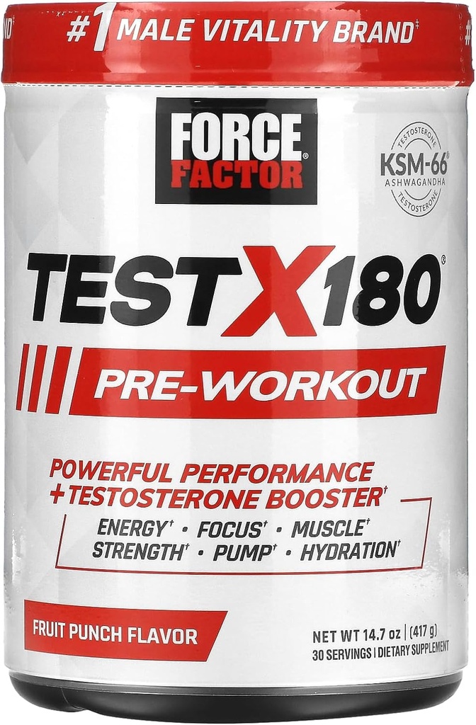FORCE FACTOR Test X180 Pre-Workout Powder & Energy Supplement, Boost Focus & Endurance, Build Muscle & Strength, Nitric Oxide Supplement with Ashwagandaha & L-Citrulline, Fruit Punch, 30 Services