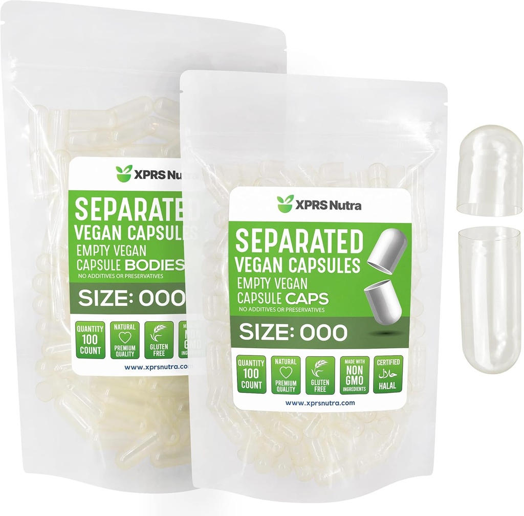 XPRS Nutra Vegan Μέγεθος 000 Χωριστές κάψουλες- 100 Count Premium Empty Caps Χωρίζονται σε τσάντες - Καθαρίστε τις κενές κάψουλες - 000 Χάπια για συμπλήρωση συμπληρώματος DIY