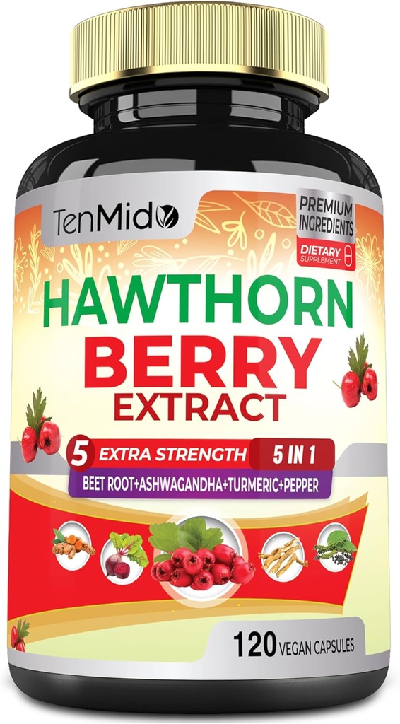 Hawthorn Berry Extract Κάψουλες - 120 Vegan Κάψουλες για 4 μήνες - Συνδυασμένη ρίζα τεύτλων, Ashwagandha, Turmeric κουρκουμίνη & Μαύρο πιπέρι