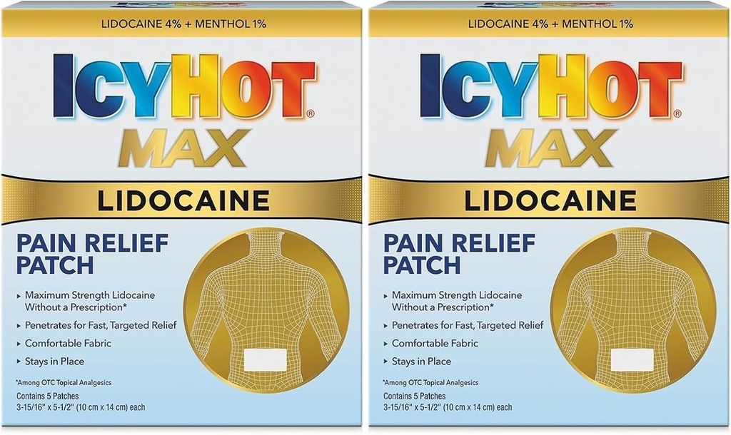 Icy Hot Max Strength Lidocain Pain Relief Patch (5 Count) Penetrates for Fast, Targeted Relief (Pack of 2)