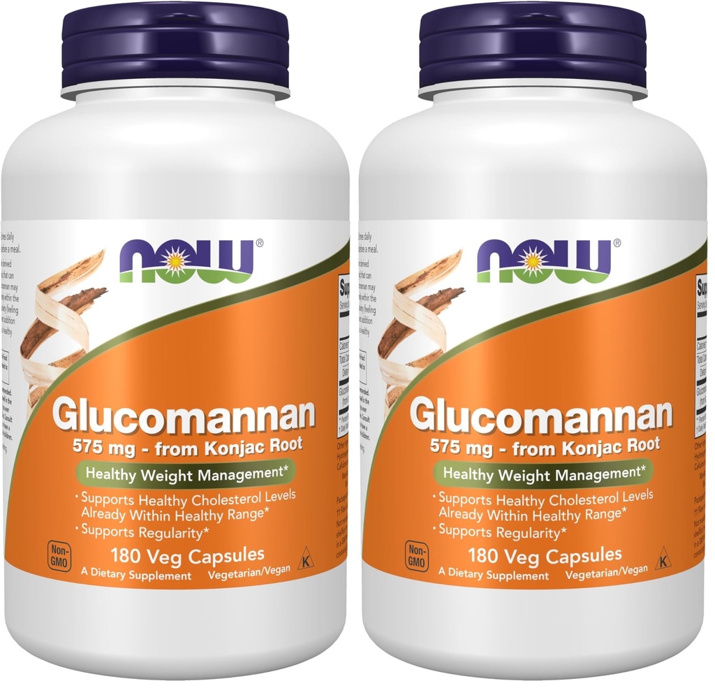 NOW Συμπληρώματα Τροφίμων, Glucomannan (Amorphophallus konjac) 575 mg, Υποστηρίζει την κανονικότητα *, Υγιεινή Διαχείριση Βάρος *, 180 κάψουλες Veg (πακέτο του 2)