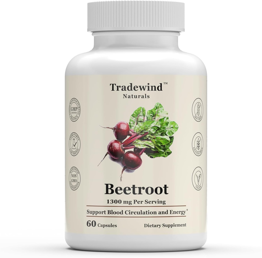 Beetroot 1300mg - Vegan - Non-GMO - Pure Beetroot - Υποστήριξη Κυκλοφορία αίματος και ενέργεια - 60 κάψουλες λαχανικών - Κατασκευασμένες στις ΗΠΑ