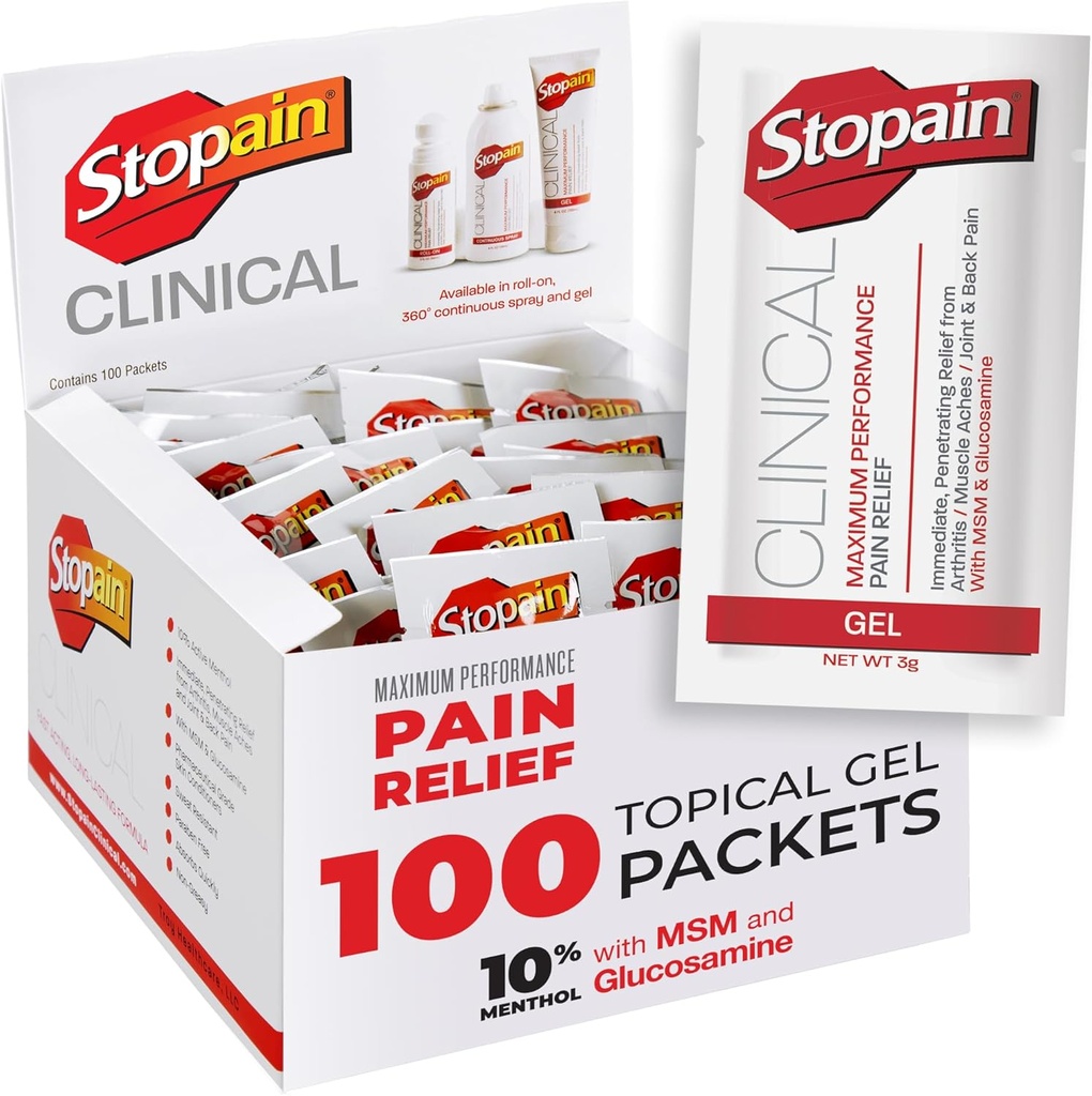 Stopain Pain Relief Clinical Gel Packets, 100 Pack, Made in USA, Maximum Performance Pain Relief with 10% Menthol Plus Glucosamine for Myster Aches, Joint Pain, and Arthritis
