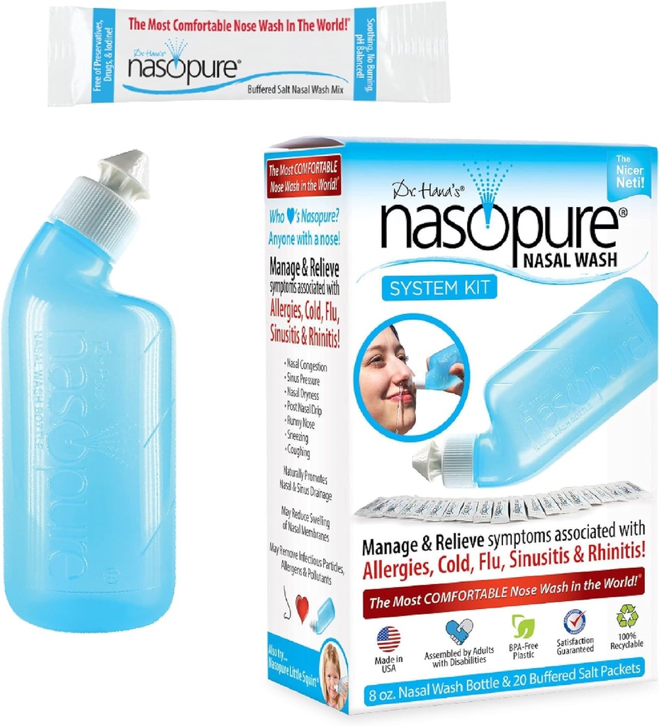 Nasopure Nasal Wash, System Kit, “The Nicer Neti Pot” Sinus Wash Kit, Άνετο Nasal Rinse 8 Oz Bottle & 20 Salt Packets (3,75 Grams Κάθε), Ρινική Συμφόρηση, Ψυχρή, Γρίπη, Αλλεργία, Ρινική Άρδευση