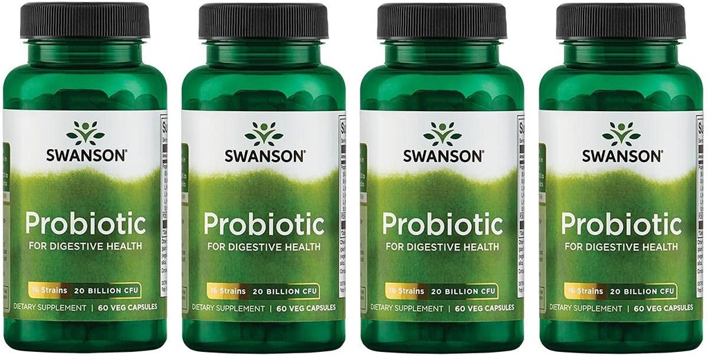 Swanson Probiotic for Digestive Health GI Tract Immune Support Travelers Support 20 Billion CFU with Prebiotic FOS 60 Veggie Capsules (4 Pack)