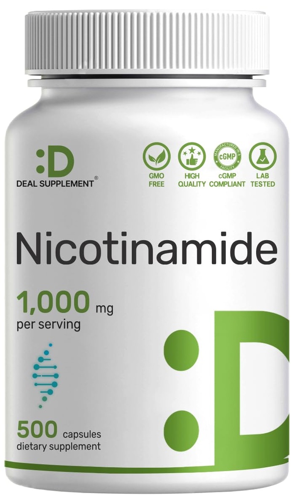 Βιταμίνη Β3 Νικοτιναμίδη 1.000mg ανά Σερβίρισμα – 500 κάψουλες, Φλος Χωρίς Νιασίνη, Απαραίτητη Β3 – Υποστηρίζει Υγιεινή παραγωγή δέρματος & ενέργειας – Μη ΓΤΟ