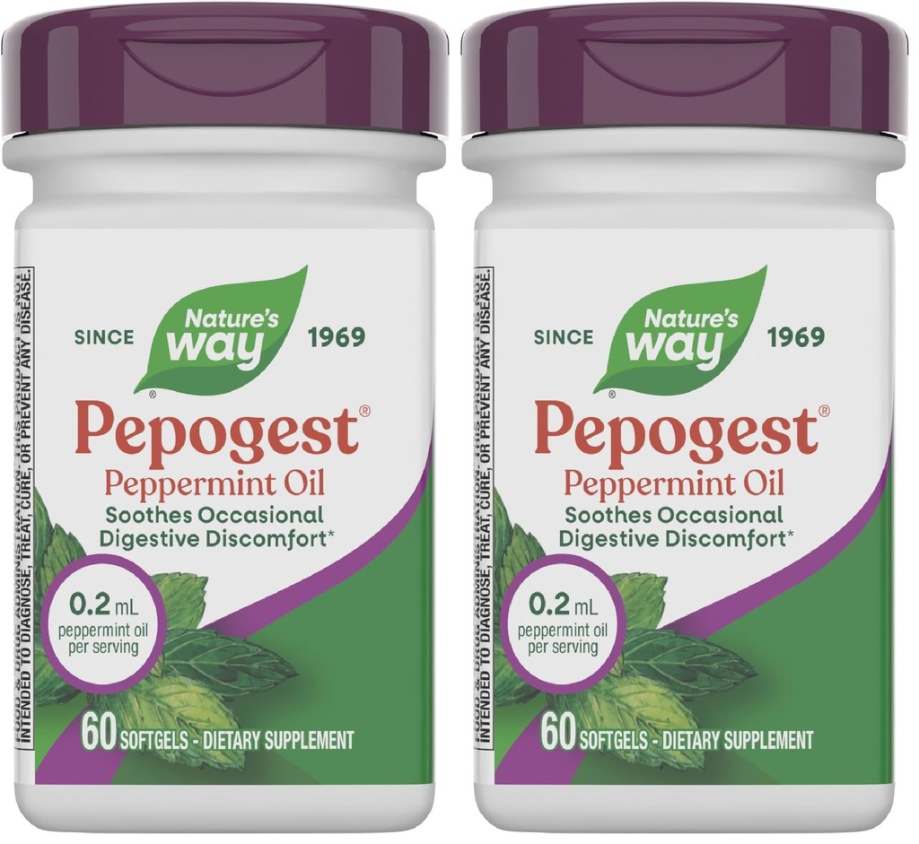 Nature's Way Pepogest Peppermint Oil, Soothes Occasional Gastrointestinal Discomfort*, Enteric Coated Peppermint Oil Softgels, 60 Softgels (Packaging May Vary) (Pack of 2)