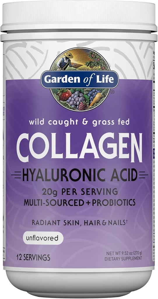 Garden of Life Marine & Grass-Fed Collagen Peptides Peptides Powder Supplement (Type I, III) με Προβιοτικά, BCAAs & Υαλουρονικό Οξύ για Ραδιενεργά Μαλλιά, Δέρμα & Νύχια – Άγευστο, 20g ανά Σερβίρισμα, 12 Υπηρεσίες